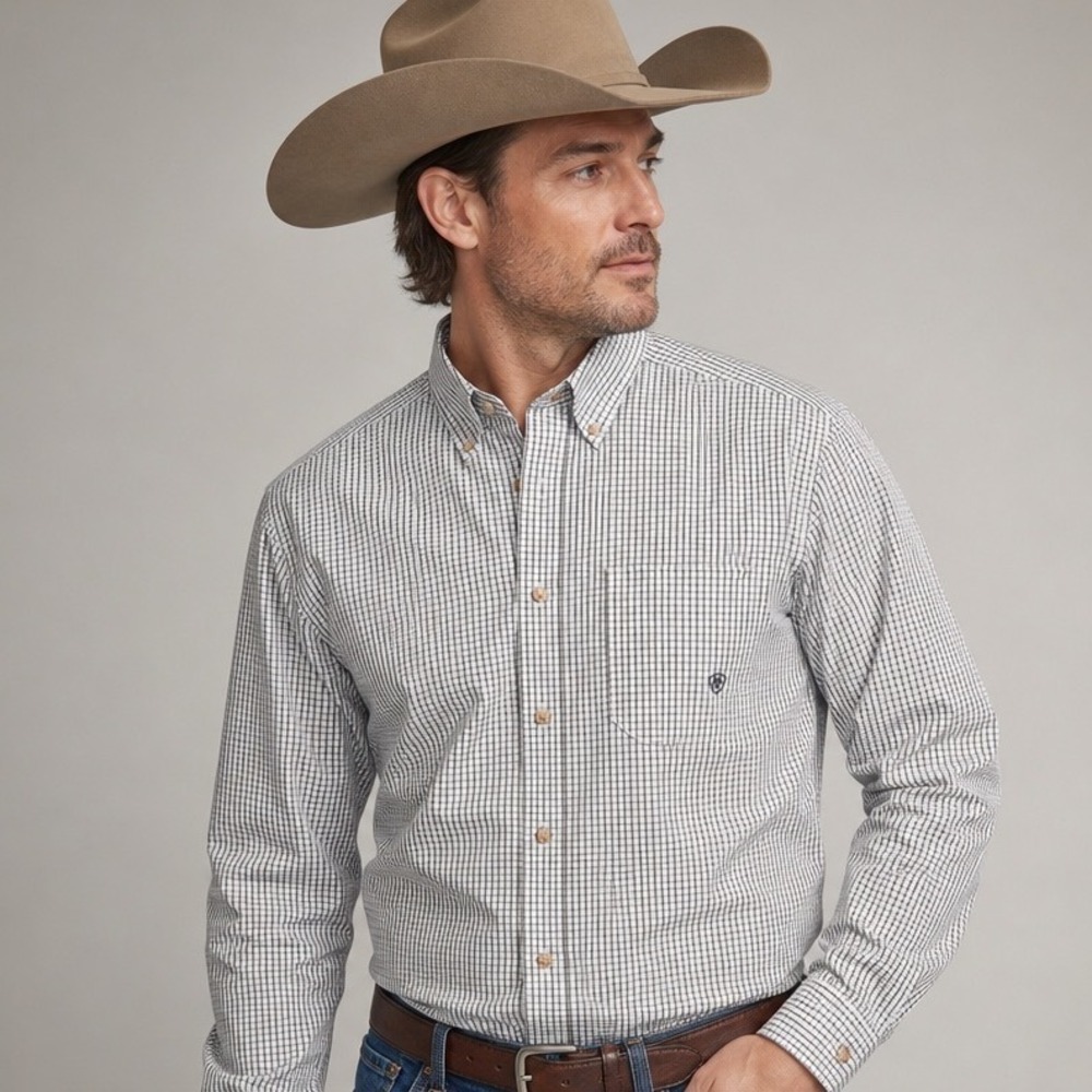 Ariat Men's Button-Up Shirt L/G Green Plaid Long Sleeve Pro Series Western